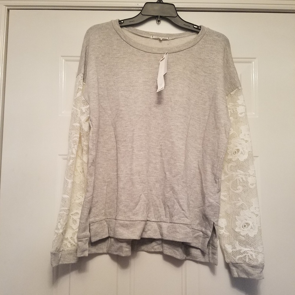 Willow & Clay New Large Sweatshirt w/ Lace Long Sleeves Gray Cream